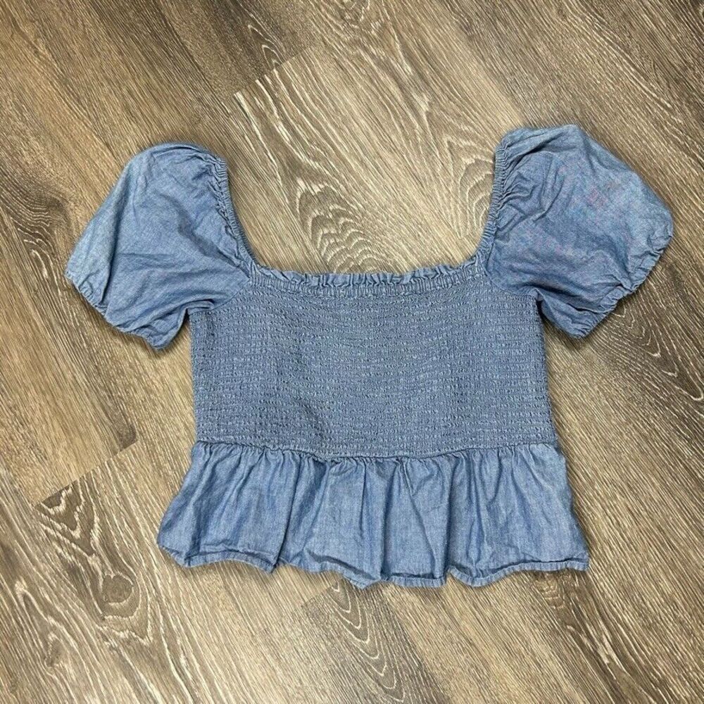 J. Crew Blue Squareneck smocked chambray top Women's Size XL EUC